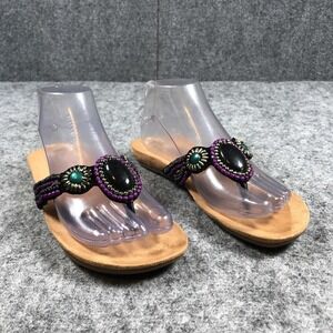 Minnetonka Sandals Womens Size 7 Black Beaded‎ Turquoise Leather Thong F1280